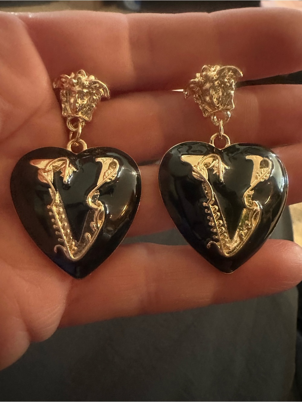 Black Heart Drop Earrings with Gold V Accent - Women Jewelry